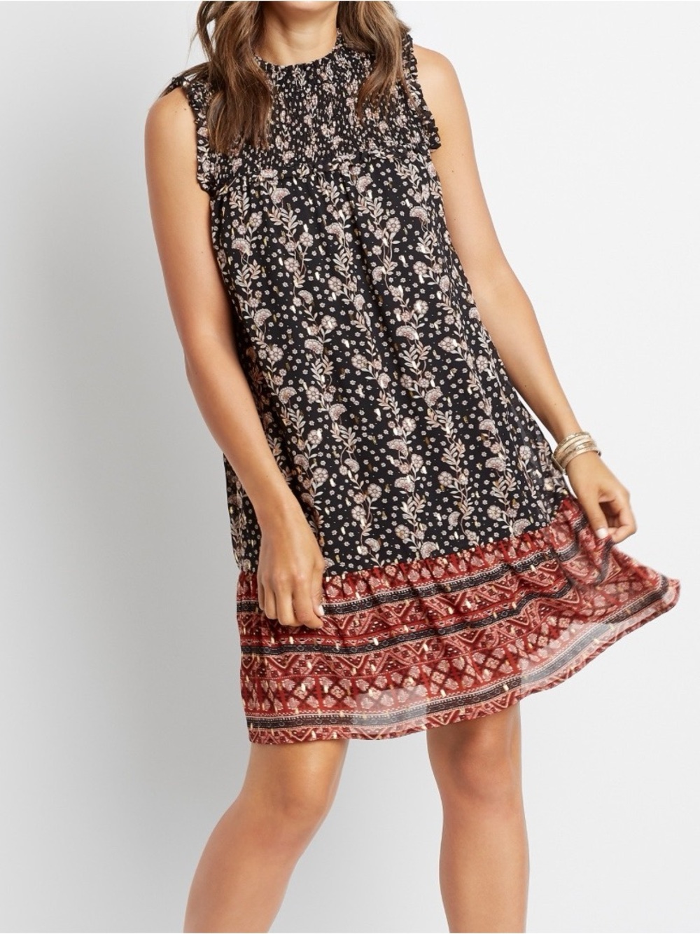 MAURICES Metallic Floral Smocked Mock Neck Sleeveless Mini Dress Size XL